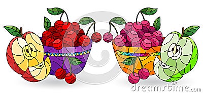 Stained glass illustration with still lifes, fruit in a bowl isolated on a white background Vector Illustration