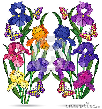 Set of illustrations of stained glass windows with compositions of irises, flowers isolated on a white background Vector Illustration