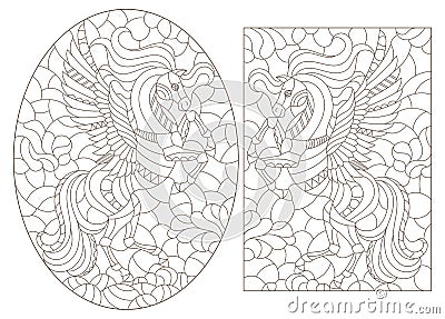 Contour set with illustrations in the style of stained glass with abstract cartoon pegasus, dark outlines on a white background Vector Illustration