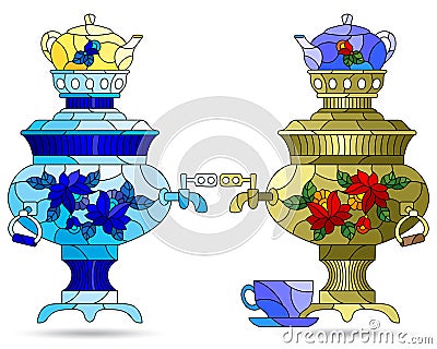 Stained glass illustration with bright Russian samovars and teapots, dishes isolated on a white background Vector Illustration