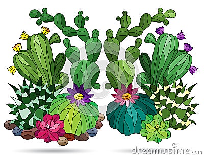 Stained glass illustration with compositions of cacti, plants isolated on a white background Vector Illustration