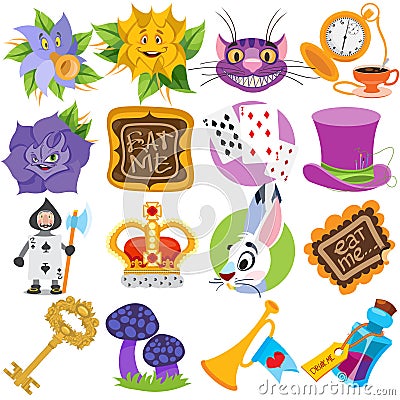 Set of illustrations on the theme of fairy tale Alice`s Adventures in Wonderland. Characters and objects Vector Illustration