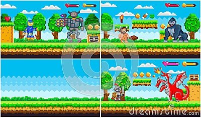 Set of illustrations on theme of pixel game, arcade about fights. Robots, cavemen and animals fight Vector Illustration