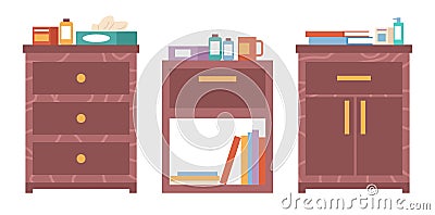 Set of illustrations on theme of storage furniture. Chests of drawers vector illustration Vector Illustration