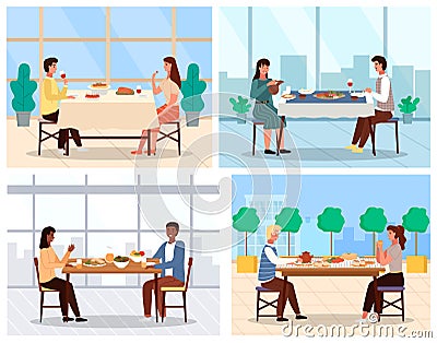 Set of illustrations on the topic of couple dine on traditional dishes from different countries Cartoon Illustration