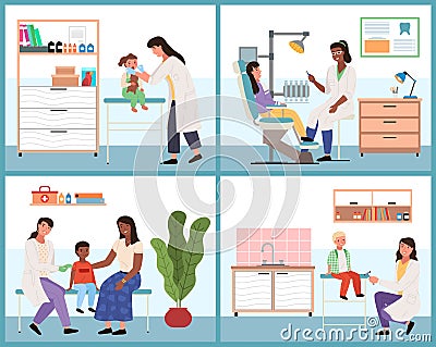 A set of illustrations on the topic of diagnosis of diseases in children. Doctor examines patients Cartoon Illustration