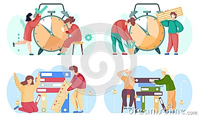 Set of illustrations on the topic of helping each other and joint work. Alarm clock on background Vector Illustration