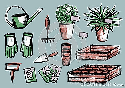 A set of illustrations on the topic of planting plants. A tool with seedlings, pots, boxes and a flower in a pot. In the Vector Illustration