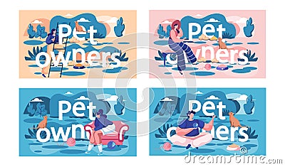 A set of illustrations on the topic of spending time with pets. Owners are playing with animals Vector Illustration