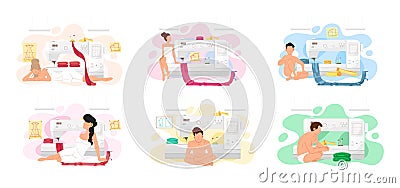 Set of illustrations on topic of tailoring to order with sewing machine. People rest in atelier Vector Illustration