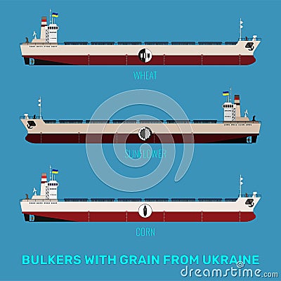 Set of illustrations of Ukrainian bulk carriers with cereals corn, sunflower, wheat on a blue sea background. Bulk carriers carry Cartoon Illustration