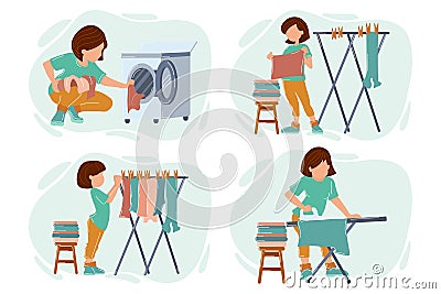 A set of illustrations, washing and ironing clothes. A young woman washes, dries and irons clothes. Housewife Vector Illustration