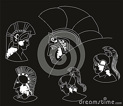 Set of images of ancient Greek warriors heads. Negative. Vector Illustration