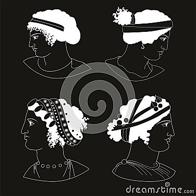 Set of images of ancient Greek women heads, negative. Vector Illustration