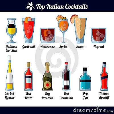 Italian cocktails and ingredients. Isolated objects on white background Vector Illustration