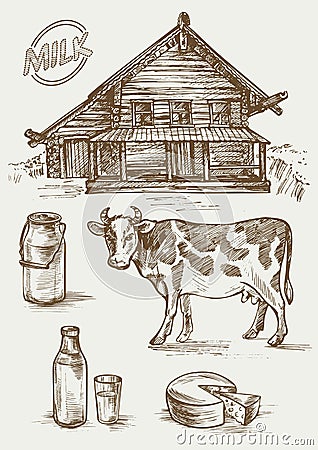 Set of images of dairy products and rural house. Cow, cottage, bottle and a glass, milk cans and label. Vector Illustration
