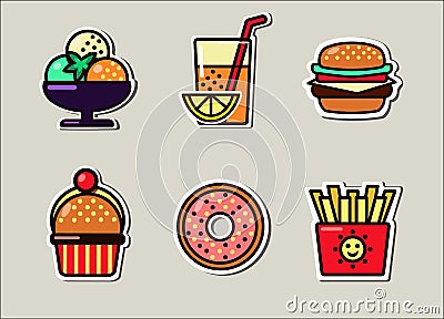 A set of images for a fast food cafe. Appetizing food. The icons can be used as packaging labels for shipping, badge making, and Vector Illustration