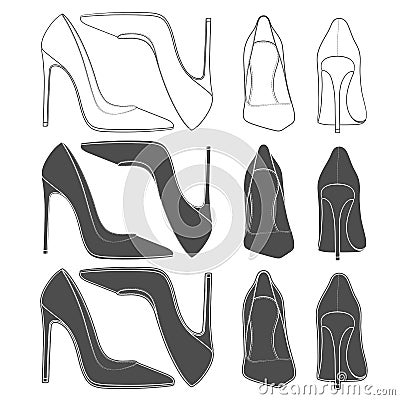 Set of images of female shoes on the heel. Vector Illustration