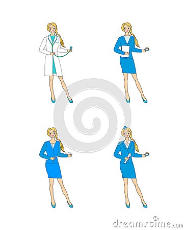 Set of 4 images of girls of different professions. Vector Illustration