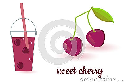 Set of images of glass with cherry juice and whole cherry. Illustration in bright colors on white background. Vector illustration Vector Illustration