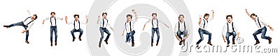 Set of images of a jumping middle-aged man in a white shirt and jeans. Collage. Isolated on a white background. Panorama Stock Photo