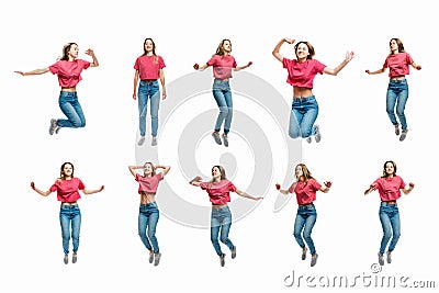 Set of images of a jumping young girl in jeans and a red T-shirt. Movement and energy. Collage. Isolated on a white background Stock Photo