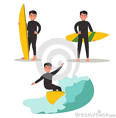 A set of images of a male surfer. Posing with a surfboard, riding the waves. Cartoon Illustration