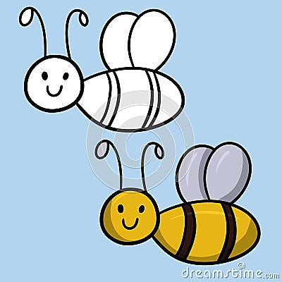 The set of images is monochrome and color. Little bee smiles, vector cartoon children's illustration Vector Illustration