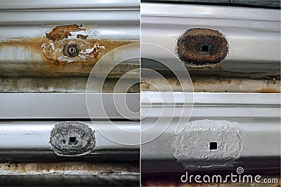 Set of images with part being repaired of damaged car body Stock Photo
