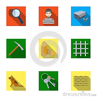 Set of images about the prison and prisoners. Surveillance of thieves, court, crime and punishment.Prison icon in set Vector Illustration