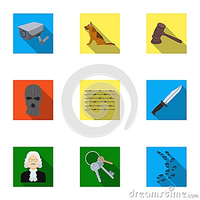 Set of images about the prison and prisoners. Surveillance of thieves, court, crime and punishment.Prison icon in set Vector Illustration