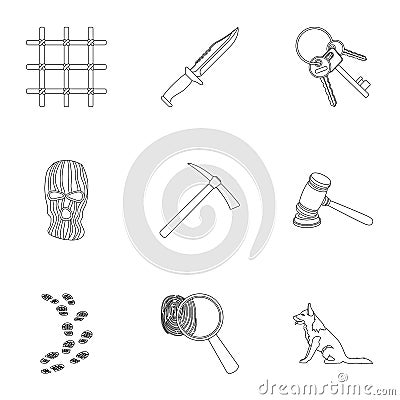 Set of images about the prison and prisoners. Surveillance of thieves, court, crime and punishment.Prison icon in set Vector Illustration