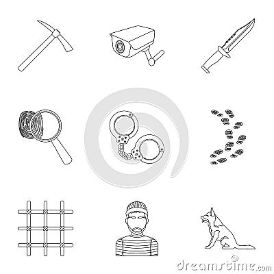 Set of images about the prison and prisoners. Surveillance of thieves, court, crime and punishment.Prison icon in set Vector Illustration