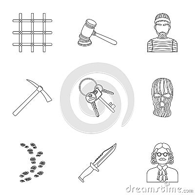 Set of images about the prison and prisoners. Surveillance of thieves, court, crime and punishment.Prison icon in set Vector Illustration