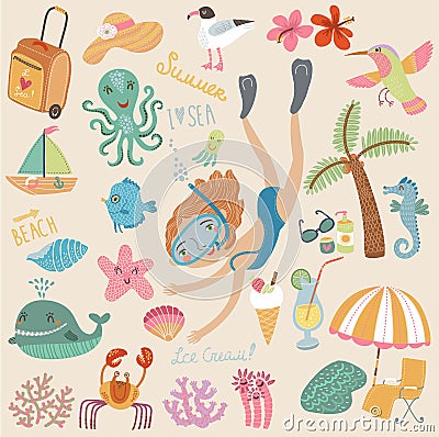 A set of images sea and beach Vector Illustration