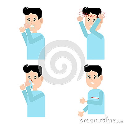 A set of images with signs of illness.Cough, sneeze,headache,fever, runny nose.The young man is ill.Vector illustration Vector Illustration