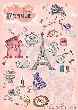 Set of images of various attractions, Paris, France Vector Illustration