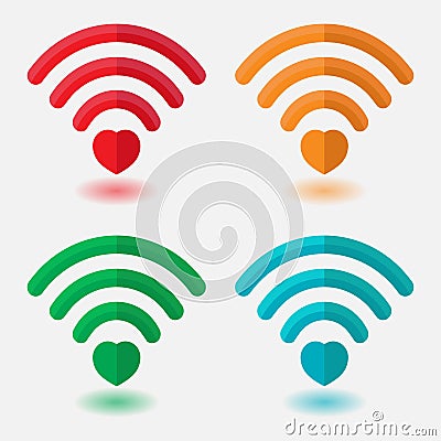 Set of images of wi-fi with heart, heart signal, connection betw Stock Photo