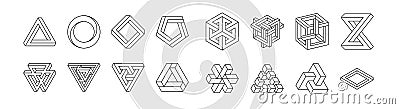 Set of impossible shapes. Optical Illusion. Vector Illustration isolated on white. Sacred geometry. Black lines on a Vector Illustration