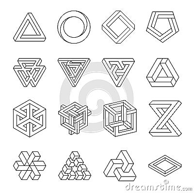 Set of impossible shapes. Optical Illusion. Vector Illustration isolated on white. Sacred geometry. Black lines on a Vector Illustration