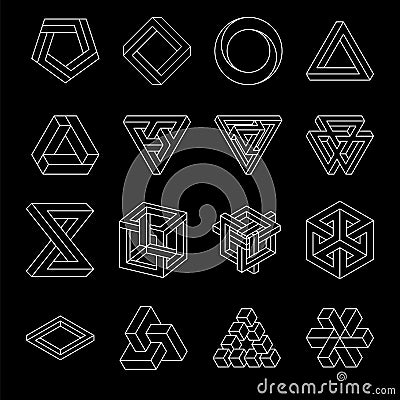 Set of impossible shapes. Optical Illusion. Vector Illustration isolated on white. Sacred geometry. White lines on a Vector Illustration