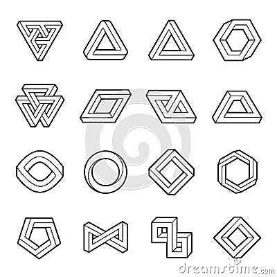 Set of impossible shapes. Web design elements. Optical Illusion. Line design Vector Illustration