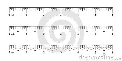 Set of 6 inches scale for ruler with markup, numbers and fractions. Math or geometric tools for distance, height or Vector Illustration