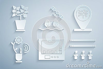 Set Incubator for eggs, Location and tree, Smart farming technology, with bulb plant, drone and Plant pot icon. Vector Vector Illustration