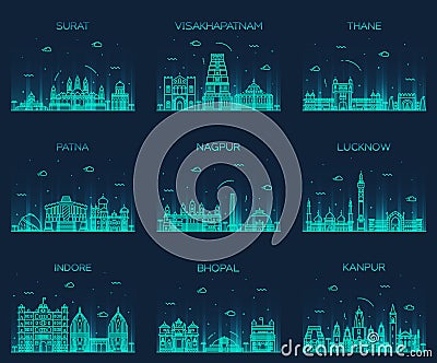 Set Indian cities vector illustration linear Vector Illustration