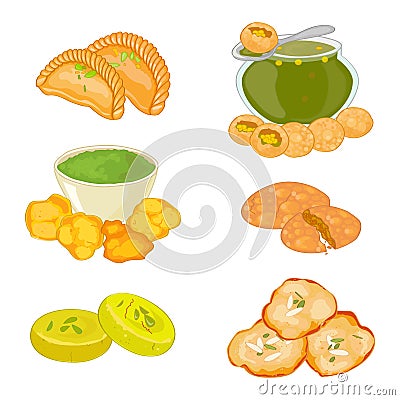 Set of 6 indian cuisine dishes Vector Illustration