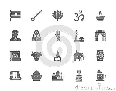 Set of Indian Culture Grey Icons. Elephant, Tuk Tuk Car, Cobra, Sitar, Mantra, Oil Lamp, Animal and more. Stock Photo