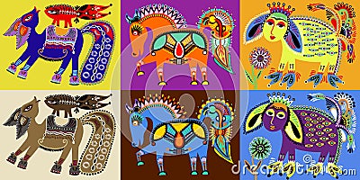 Set of indian kalamkari style tribal ethnic painting Vector Illustration