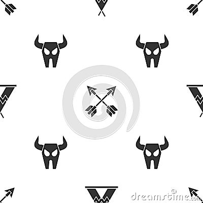 Set Indian teepee or wigwam, Crossed arrows and Buffalo skull on seamless pattern. Vector Vector Illustration