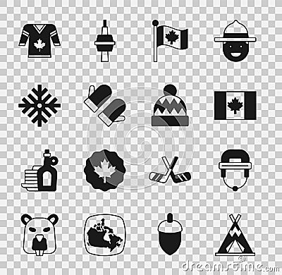 Set Indian teepee or wigwam, Hockey helmet, Flag of Canada, Christmas mitten, Snowflake, jersey and Beanie hat icon Vector Illustration